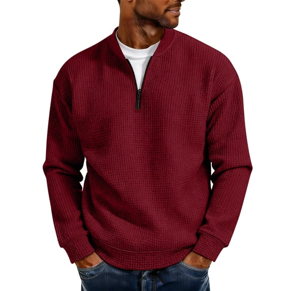Men Waffle Knit Pullover, Quarter Zip Sweatshirt No Hood, Casual Soft Lightweight Solid Color Long Sleeve Fall Sweatshirt, 3Xl