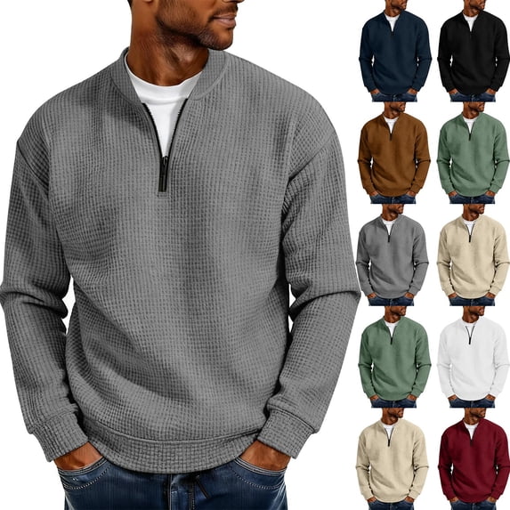 Men Waffle Knit Pullover, Quarter Zip Sweatshirt No Hood, Casual Soft Lightweight Solid Color Long Sleeve Fall Sweatshirt, Xl