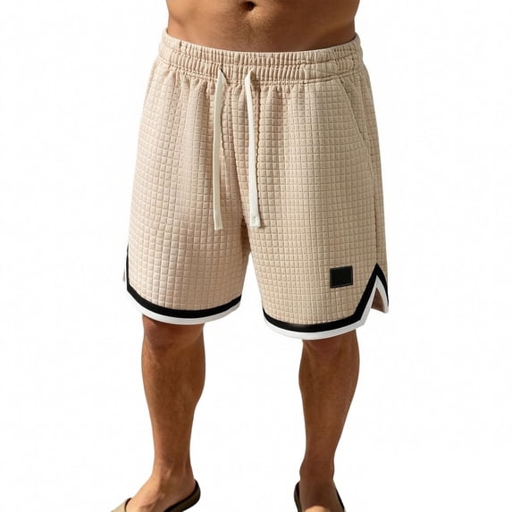 Men Waffle Knit Relaxed Fit Basketball Shorts, Drawstring Elastic Waist Striped Split Hem Athletic Shorts Breathable Casual Running Vacation Sport Shorts(Khaki,M)