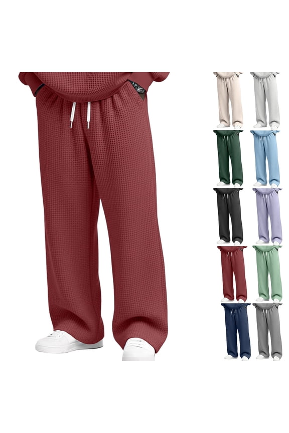 Men Waffle Lounge Pants Baggy Textured Big And Tall Pants Elastic Waist Open Bottom Breathable Soft Wide-Leg Trousers Wine S