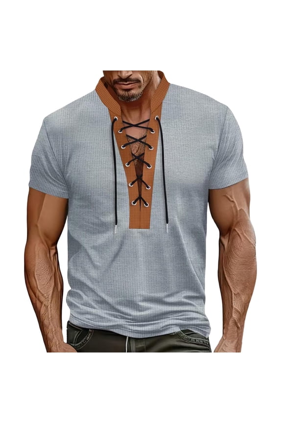 Men Waffle Short Sleeve Shirt Beach Lace Up V Neck Henley Pirate Shirts Vintage Hippie Viking Meditation Tops