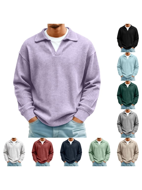 Men Waffle Sweatshirt Casual Long Sleeve Polo Shirts Fashion Fall Loose Lightweight Pullover Tops Sweaters Purple S