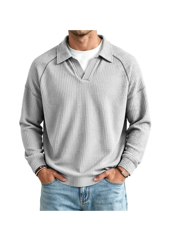 Men Waffle Sweatshirt Casual Long Sleeve Polo Shirts Loose Lightweight Pullover Tops Sweaters Fashion Fall Clothes,L