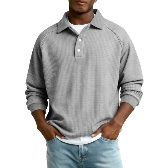 Men Waffle Sweatshirt Casual Long Sleeve Polo Shirts Quarter Button Pullover Sweaters Fashion Fall Clothes Gray S