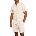 thumbnail image 1 of Men Waffle Textured Quick Dry 2 Piece Outfit Set, Mandarin Collar Short Sleeve Button Down Shirt and Drawstring Elastic Waist Shorts Summer Beach Tracksuit Beige, 1 of 9