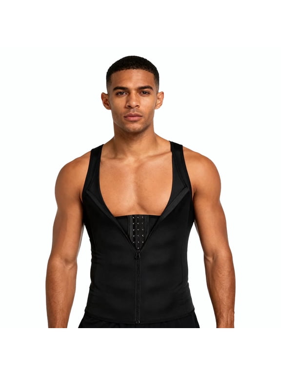 Men Waist Vest Zipper Compression Tank Top Tummy Control Body Shaper Slim Shapewear for Workout Fitness L