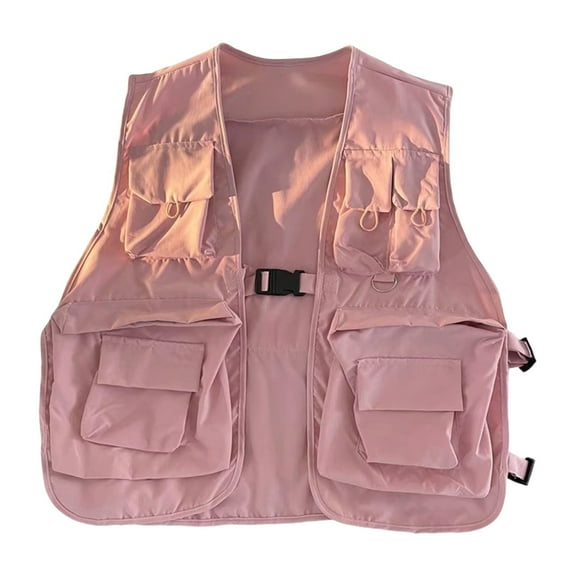 Men Waistcoat Sleeveless Multi Pockets Design Buckle Closure Vest Coat Solid Color Thin Camping Fishing Waistcoat