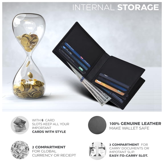 Men Wallet Leather, Front Pocket Wallet, Bifold Wallets with 9 Credit Cards 1 ID Window Slim Minimalist Front Pocket Gift For Men, Black