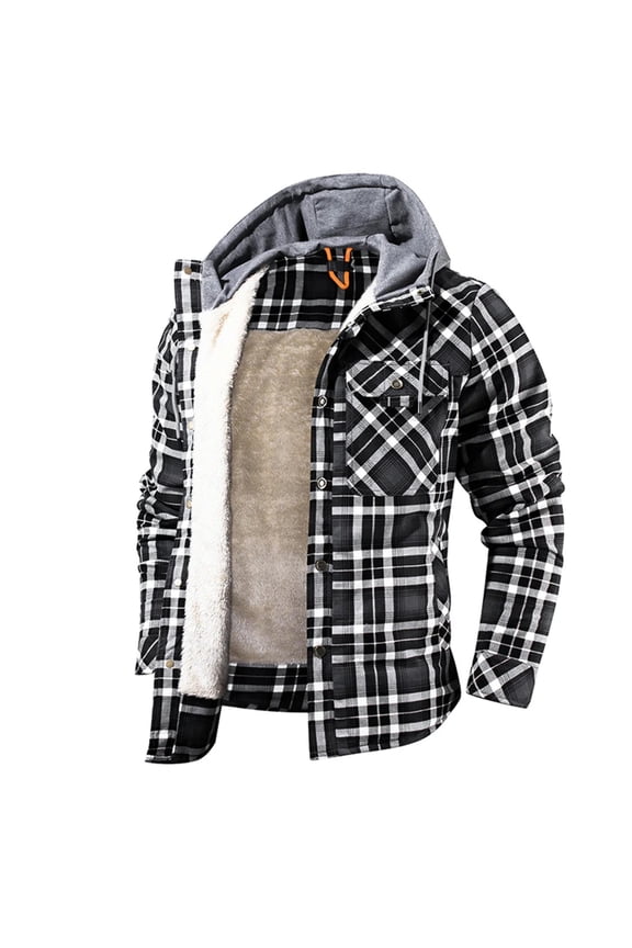 Men Warm Jacket Fleece Lining Lumberjack Plaid Hooded Jackets Snap Button