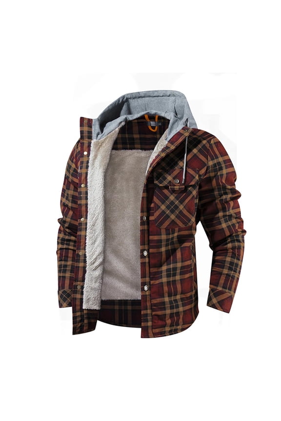 Men Warm Jacket Fleece Lining Lumberjack Plaid Hooded Jackets Snap Button