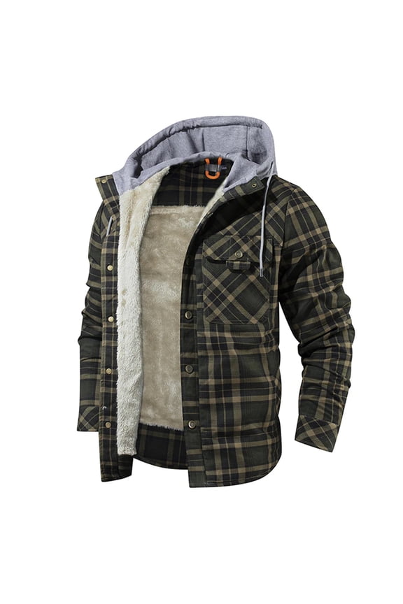Men Warm Jacket Fleece Lining Lumberjack Plaid Hooded Jackets Snap Button