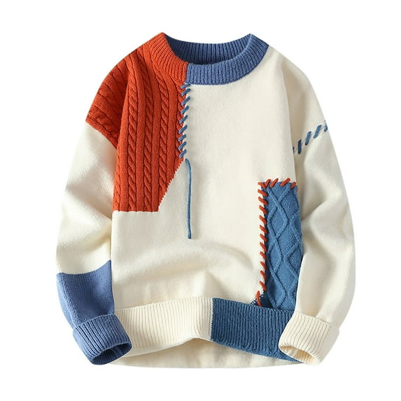 Men Warm Knit Sweater Patchwork Crewneck Oversized Pullover Tops Loose Casual Daily Knit Streetwear, Orange, XXL