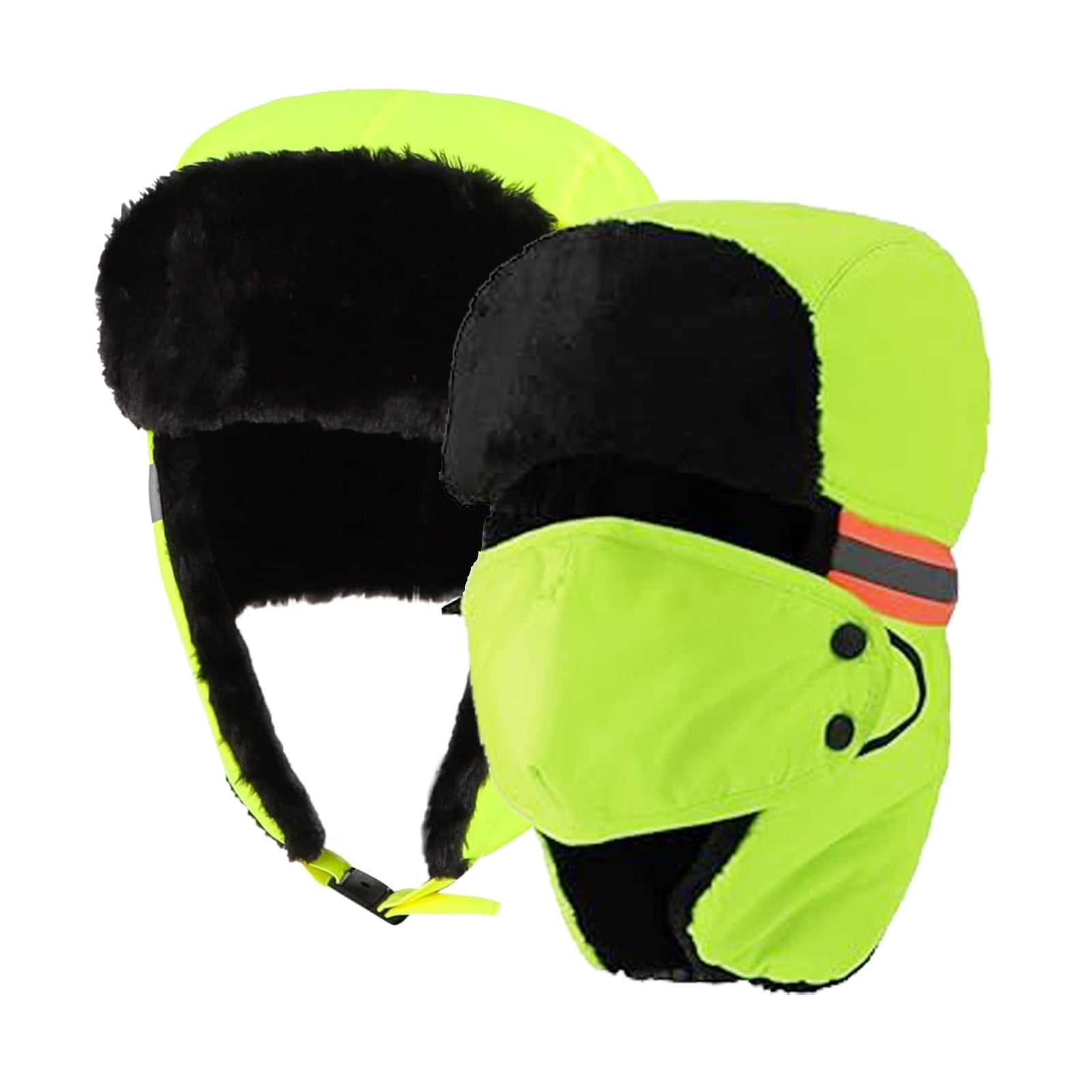 Men Warm Trapper Hat 2 Pcs Windproof Faux Fur Balaclava Reflective Winter Safety Hat Fleece Lined Worker Hat Skiing Hat