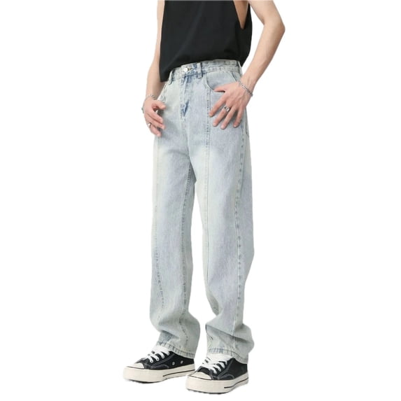 Men Washed Splicing Straight Leg Jeans No Stretch Classic Fit Durable Denim for Everyday Wear Versatile Casual Outfit