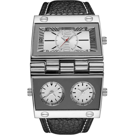 Men Watch Analog Black Leather Strap 3 Sub-dials White/Black/Brown Sports Watch Military Watch Mechanical Watch for Mens