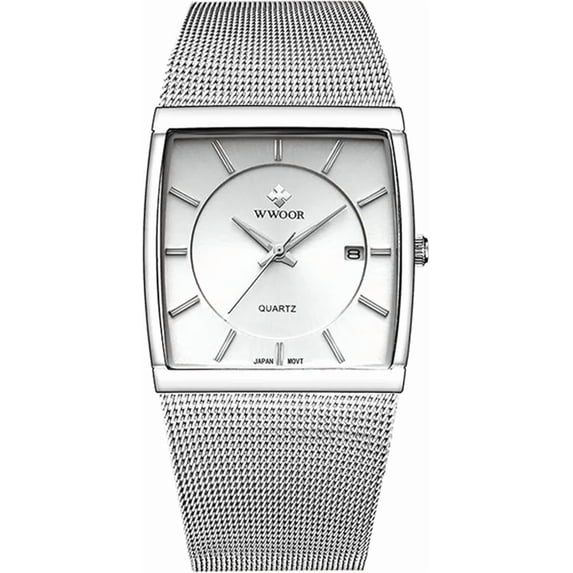 Men Watch Classic Analog Quartz Date Stainless Steel Milanese Mesh Band Ultra-Thin Rectangle Dial Luminous