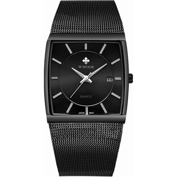 Men Watch Classic Analog Quartz Date Stainless Steel Milanese Mesh Band Ultra-Thin Rectangle Dial Luminous