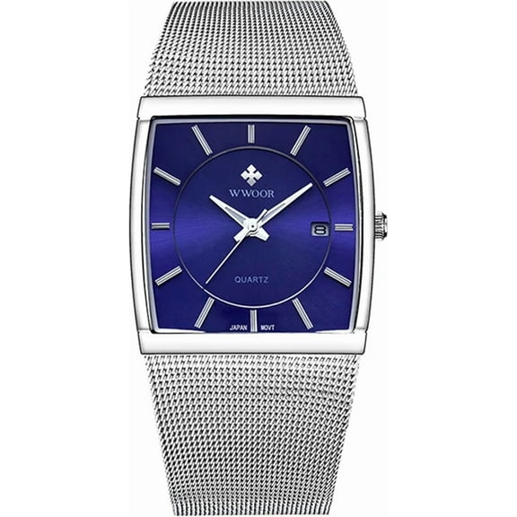 Men Watch Classic Analog Quartz Date Stainless Steel Milanese Mesh Band Ultra-Thin Rectangle Dial Luminous