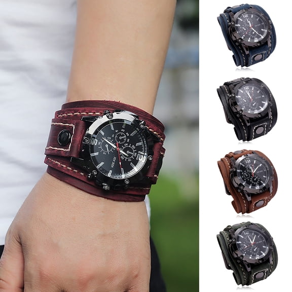 Men Watch Round Dial Precise Retro Adjustable Cool Birthday Gift Universal Handmade Sewing Faux Leather Strap Quartz Watch for Daily