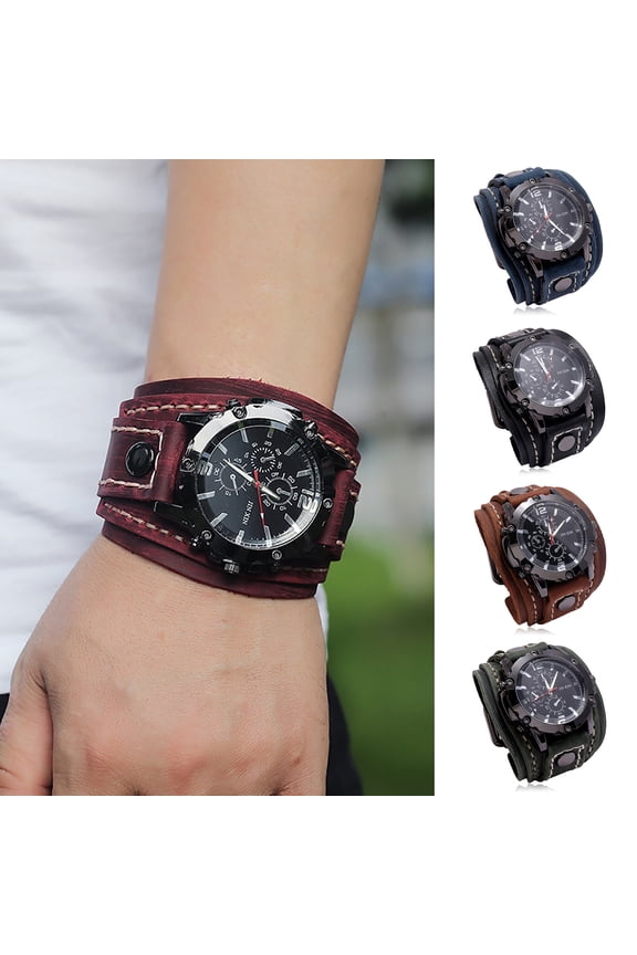 Men Watch Round Dial Precise Retro Adjustable Cool Birthday Gift Universal Handmade Sewing Faux Leather Strap Quartz Watch for Daily