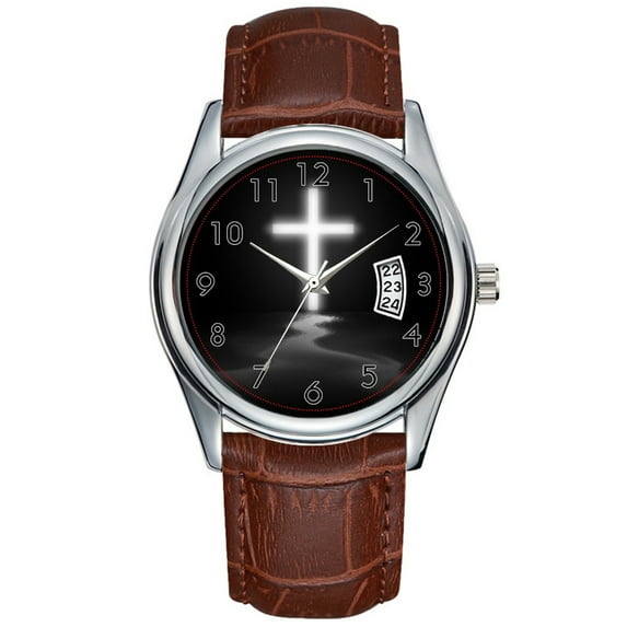 Men Watch casual Waterproof Quartz Watches Clock Date Classic Business Brown Leather Christmas Wristwatch Christian Cross Reflection in the Mist Wristwatch