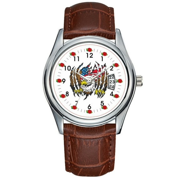 Men Watch casual Waterproof Quartz Watches Clock Date Classic Business Brown Leather Christmas Wristwatch Patriotic American Bald Eagle USA Flag Wristwatches