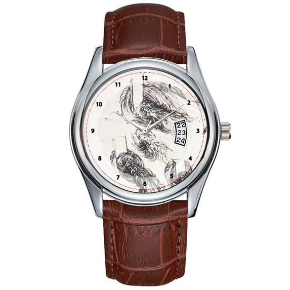 Men Watch casual Waterproof Quartz Watches Clock Date Classic Business Brown Leather Christmas Wristwatch Study of water - Leonardo da Vinci Wrist Watches