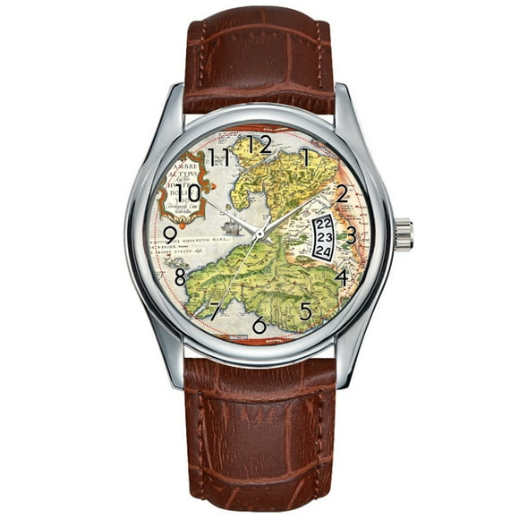 Men Watch casual Waterproof Quartz Watches Clock Date Classic Business Brown Leather Christmas Wristwatch Vintage Map of Wales and Anglesey 1579 Wrist Watches
