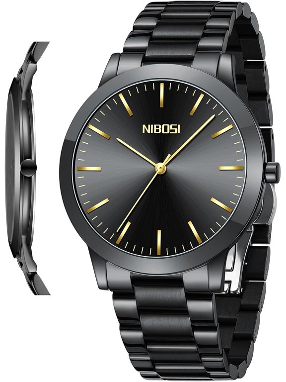 Men Watches Analog Quartz Stainless Steel Black Watches for Men Waterproof Business Classic Watch Fashion Minimalist Ultra Thin Wrist Watch for Work and Casual Wear