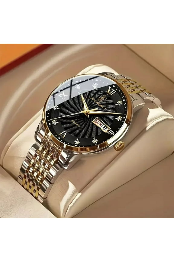 Men Watches Luxury Business Dress Analog Quartz Two Tone Gold Plated Stainless Steel Waterproof Luminous Date Casual Mens Wrist Watches w Watch Disassembly Tool