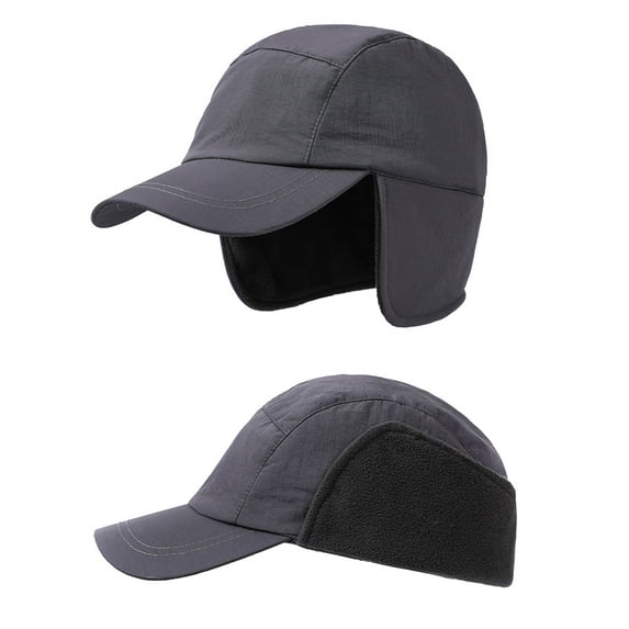 Men Waterproof Winter Visor Hat Baseball Cap with Ear Flaps for Running Skiing Cycling Hiking Dark Gray