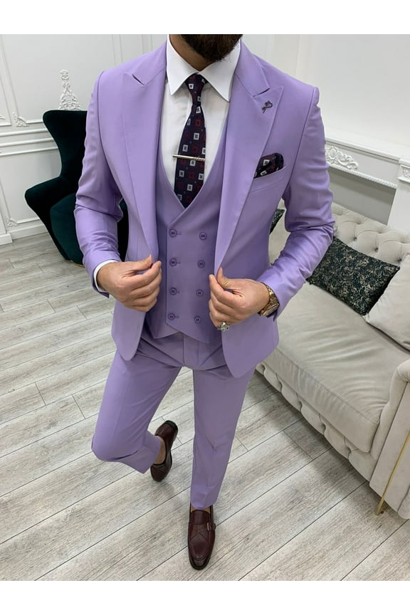 Men Wedding Suit, Purple Three Piece Suits, Slim fit Peak Lapel Two Button Suit,  Prom Suit