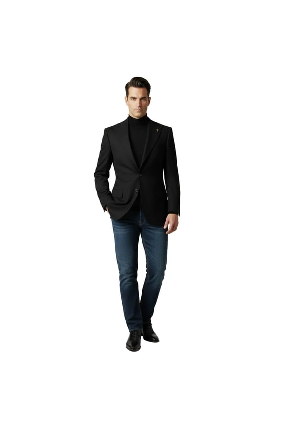 Men Wessi by J.Valintin Turkey Flannel Jacket Peak Lapel One Button 10-01 Black