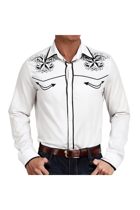 Men Western Cowboy Floral Embroidered Shirt Long Sleeve Button Down Shirt Turn Down Collar Top Slim Casual Spring Fall White XXL