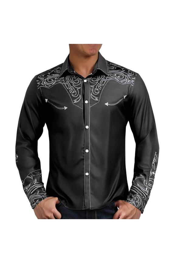 Men Western Cowboy Shirt Floral Embroidered Long Sleeve Button UP Shirt Turn Down Collar Top Slim Casual Spring Fall Black XXL