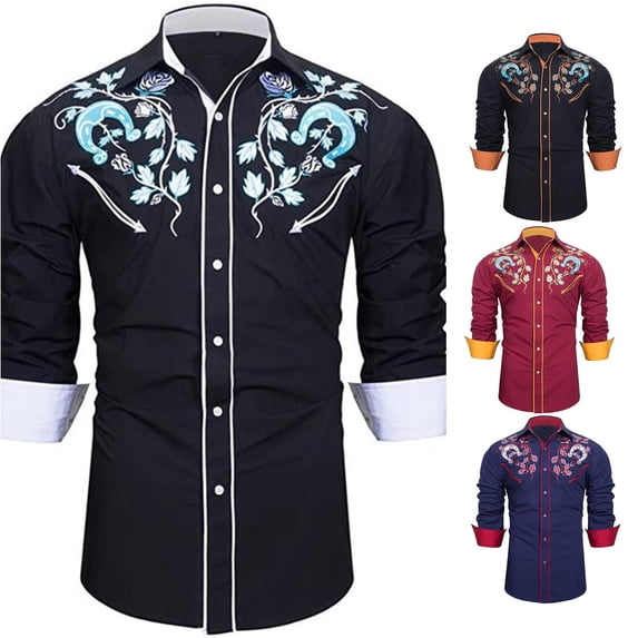 Men Western Cowboy Shirts Long Sleeve With Embroidered Detail Casual Button Down Slim Fit Shirt For Daily Wear Blue L