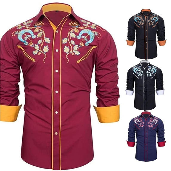 Men Western Cowboy Shirts Long Sleeve With Embroidered Detail Casual Button Down Slim Fit Shirt For Daily Wear Green 3XL
