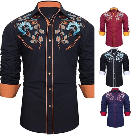 Men Western Cowboy Shirts Long Sleeve With Embroidered Detail Casual Button Down Slim Fit Shirt For Daily Wear Orange XL
