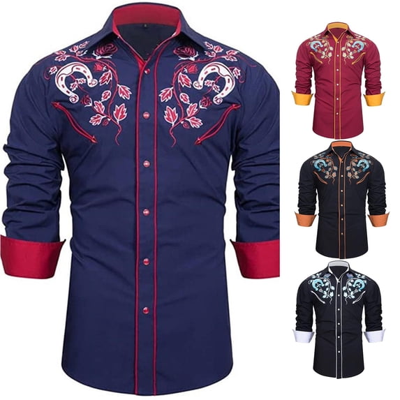 Men Western Cowboy Shirts Long Sleeve With Embroidered Detail Casual Button Down Slim Fit Shirt For Daily Wear Purple M