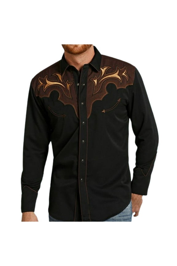 Men Western Long Sleeve Shirts Casual Loose Slim Button Down Dress Shirt Tops