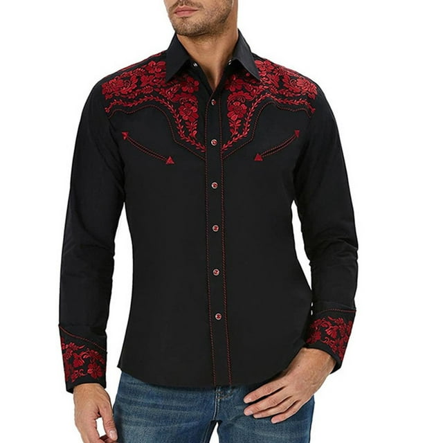 Men Western Long Sleeve Shirts Casual Loose Slim Button Dress Shirt ...