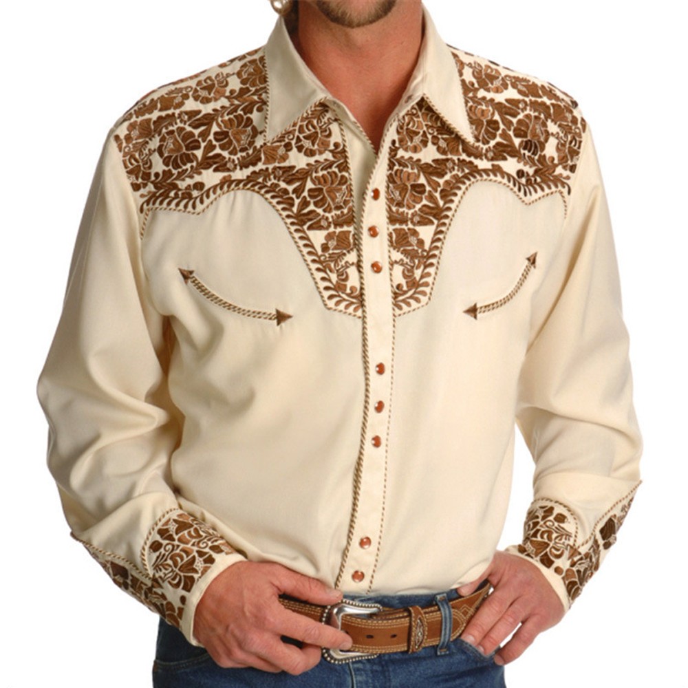 Men Western Long Sleeve Shirts Casual Slim Button Down Dress Shirt ...
