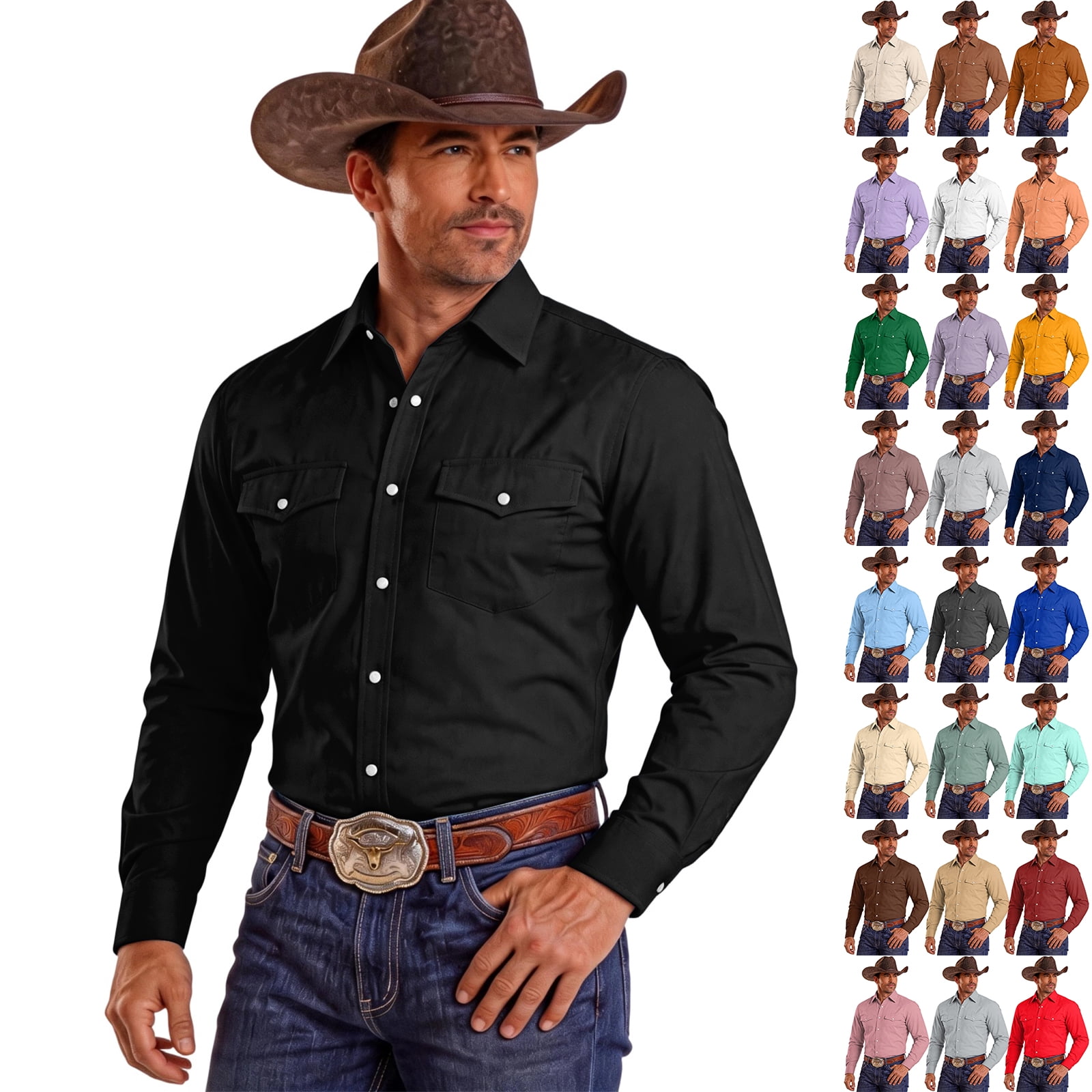 Two Point Fourmla Men Western Pearl Snap Button Shirt Long Sleeve Point Collar Two Chest ...