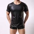 thumbnail image 1 of Men Wet Look Faux Leather Round Neck Short Sleeve Top T-Shirt Tights Shirts Club, 1 of 6