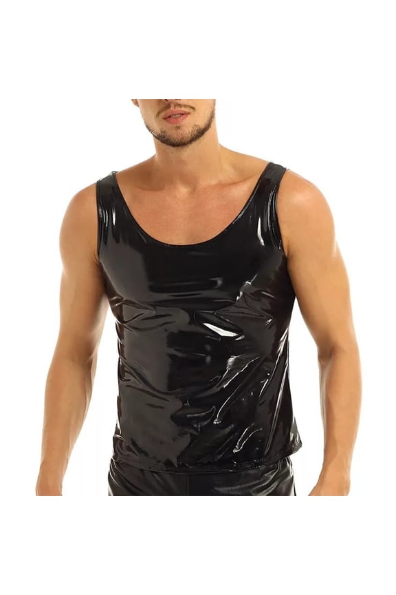 Men Wet Look PVC Patent Leather Undershirt Tank Tops Vest Sleeveless T-Shirt