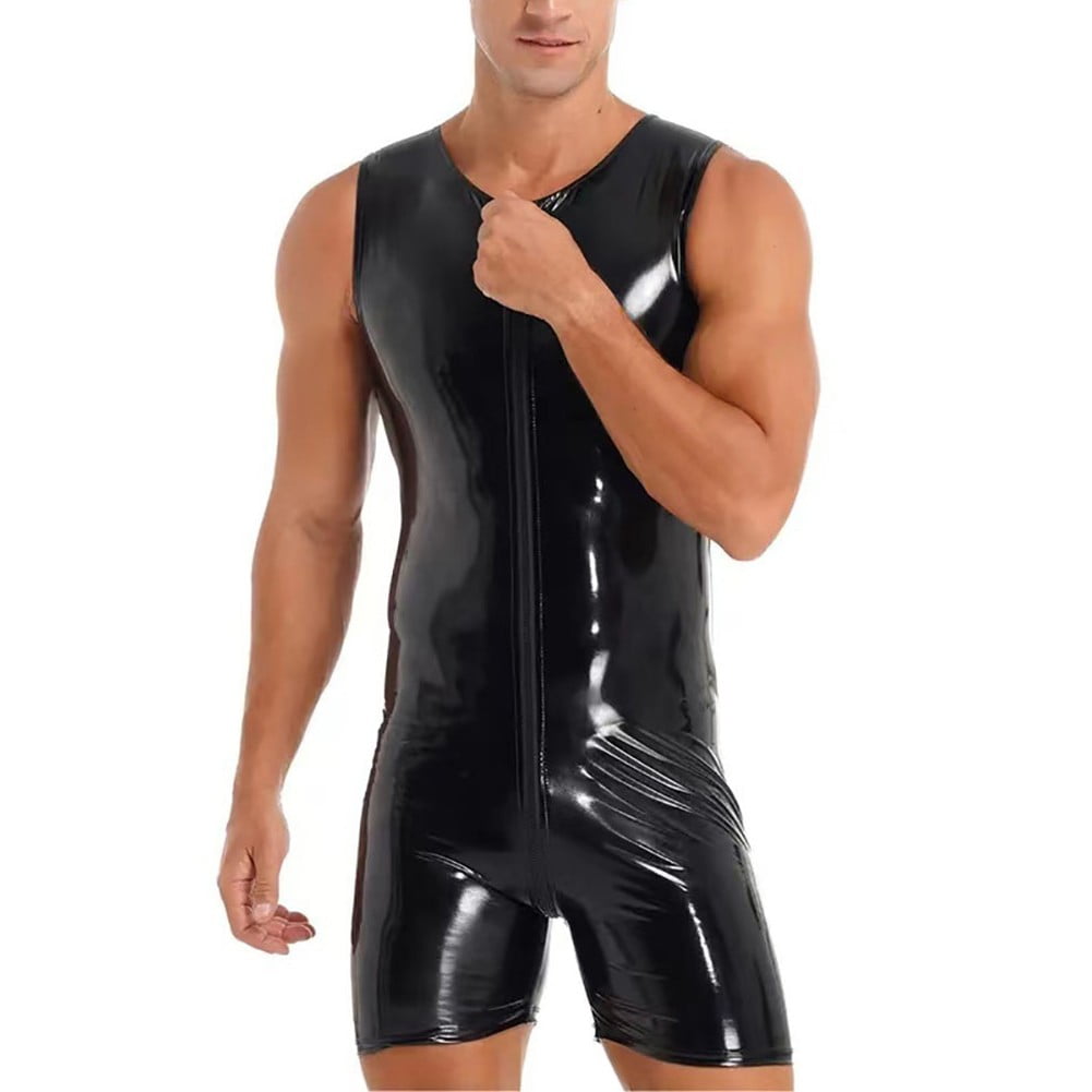 Men Wet Look Patent Leather Sleeveless Bodysuit Jumpsuit Clubwear ...