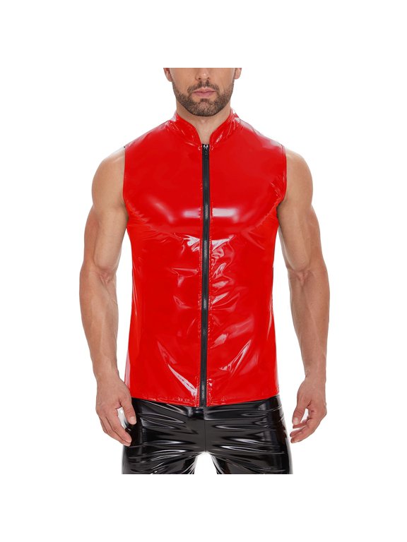 Men Wetlook Leather Tank Top Full Zipper Male Casual Shirt Sleeveless