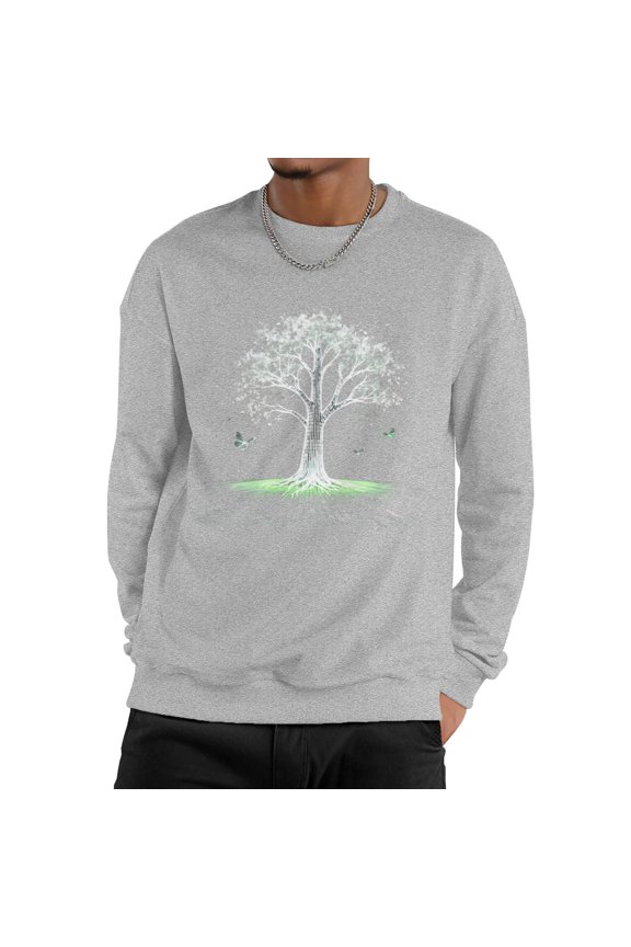 Men White Binary Code Digital Tree Glowing Green Butterfly Futuristic Tech Nature Crew Neck Sweatshirt, Cyber Natural Scenery Fleece Pullover