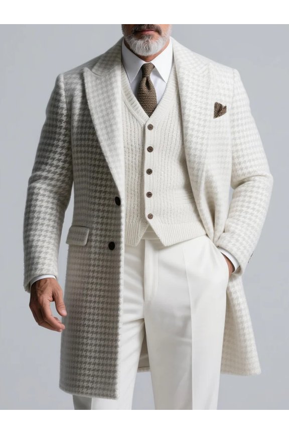 Men White Light Houndstooth Wool Long Overcoat Peak Lapel Single Breasted Warm Mid-Calf Winter Coat