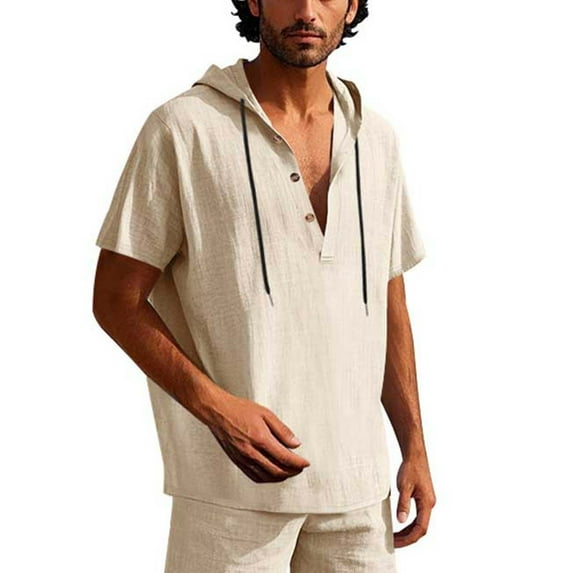 Men White T Shirt Remeras Para Hombre Casual Linen Summer T-Shirts for Men Casual Short Sleeve Drawstring Hooded Shirt Beach Vacation Tops